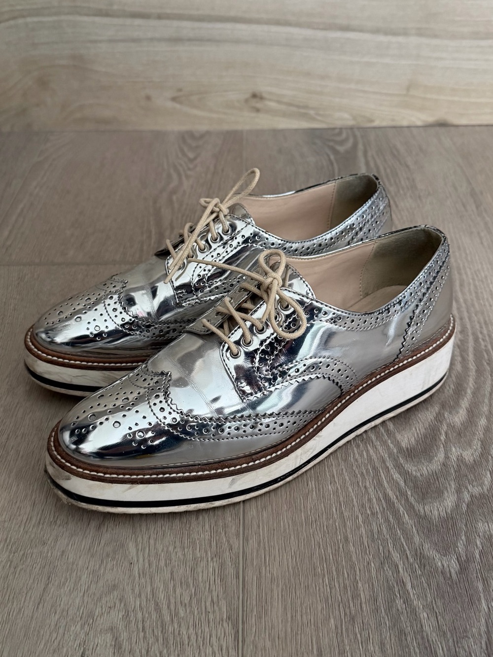 Zara Silver Metallic Mirror Platform Oxford Shoes